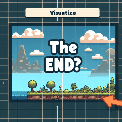 cartoon "The End?" text.
Single Game Texture. In-Game asset. 2d. Blank background. High contrast. No shadows.