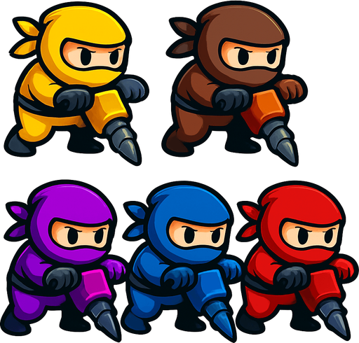 Pack of ninja characters with dig machine of sharpe rotated head of hands not trucks. different colors,yellow,pink,brown,purple,blue,green,red, HD colors