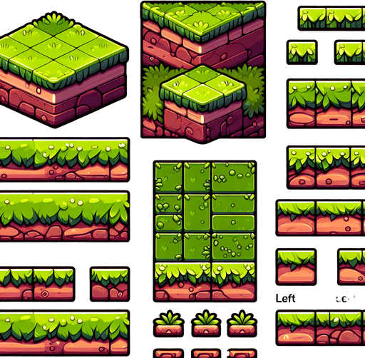 Create a 2D spritesheet featuring a side-view platform in a chibi-inspired style, perfect for a minimal, playful game. The spritesheet includes modular tiles for building platforms of various sizes, with a cohesive, cute aesthetic:

Grass Top Tiles: Vibrant green, flat grassy tops with smooth, rounded edges. Includes variations such as:

Left corner tile with a rounded edge.
Center tile with seamless edges to connect multiple pieces.
Right corner tile with a rounded edge.
Ground Tiles: Warm brown earthy layers with clean, exaggerated horizontal lines and minimal details like tiny embedded stones or subtle root patterns. Variations include:

Straight center ground tiles.
Left and right corner ground tiles.
The tiles are designed to be modular, allowing seamless connections when placed together. Bold, colorful, and minimal, the spritesheet ensures an adorable chibi-style look that matches the playful tone of games like Angry Birds..
Single Game Texture. In-Game asset. 2d. Blank background. High contrast. No shadows.
