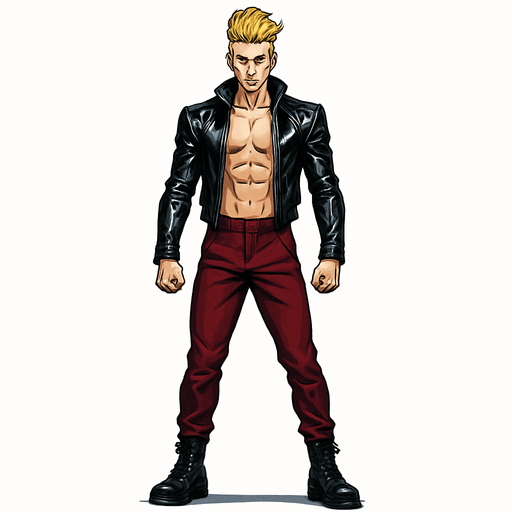 Idle animation, sleek graceful man Cyberpunk manga, facing forward idle pose shiny black leather biker jacket longsleeves shirtless Skinny abs blonde pompadour guy, action shot wine red joggers combat boots, Background removed, "Full-body character, entirely in frame, no cropping of face, head, or feet" "Complete character visible, from head to toe, fully centered in the image" "Entire character, including face and boots, fully within the frame" Character fully contained within a square frame, no edges cut off fashion model pose