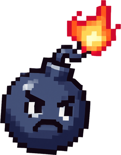 La bomba debe tener un diseño caricaturesco, en forma de esfera negra o gris oscuro con un brillo suave, una mecha encendida con fuego animado en la punta, y si es posible, una carita enojada o con expresión divertida; su estilo debe pixel art limpio, con líneas simples y colores llamativos para que resalte bien contra el fondo del cielo, y debe tener un ligero giro o movimiento mientras cae para darle vida..
In-Game asset.  2d.  High contrast.  No shadows