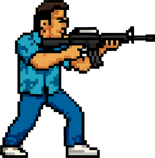 tommy vercetti de gta vice city hecho con pixeles apuntando con un rifle de asalto m4 con la perspcetiva lateral.
In-Game asset.  2d.  High contrast.  No shadows
