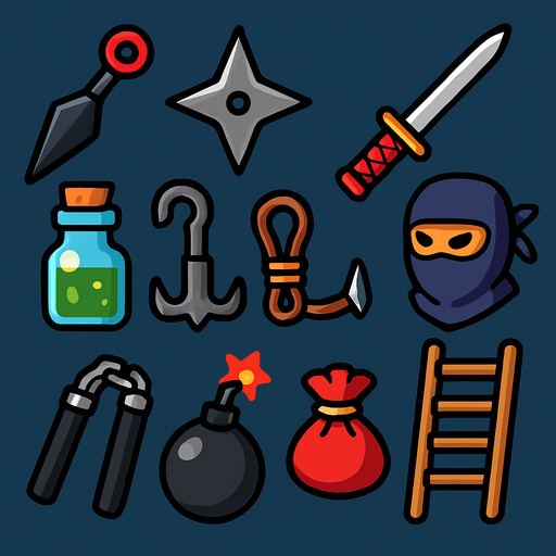 Different assets for ninja game, tools, ladder...etc..., HD colors.
In-Game asset.  2d.  High contrast.  No shadows