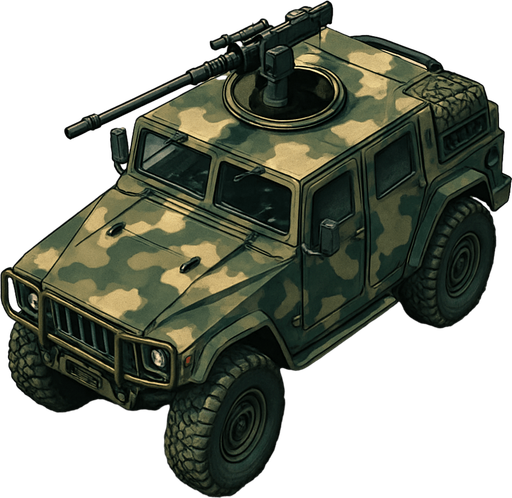Armed off-road vehicle with camouflage livery. Top view.