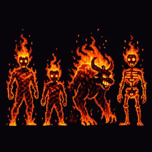 ateşden yanan canavarlar insanlar yaratık pixel art.
In-Game asset.  2d.  High contrast.  No shadows
