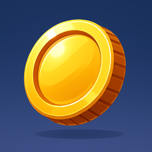 Create a shiny golden coin (token) asset for a game. The coin should have a polished, reflective surface with subtle engravings or ridges around the edge. It should look 3D with soft highlights and shadows to give depth. The size should be suitable as a collectible power-up floating slightly above the ground. Style should be clean and vibrant, fitting a modern arcade or action game..
In-Game asset.  2d.  High contrast.  No shadows