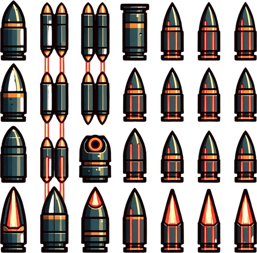Laser bullets.
Single Game Texture. In-Game asset. 2d. Blank background. High contrast. No shadows.