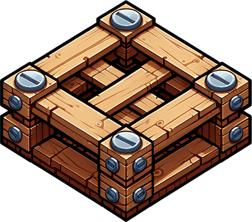 straigth zenith view square wooden pallet with big screws in each corner
Single Game Texture. In-Game asset. 2d. Blank background. High contrast. No shadows.
