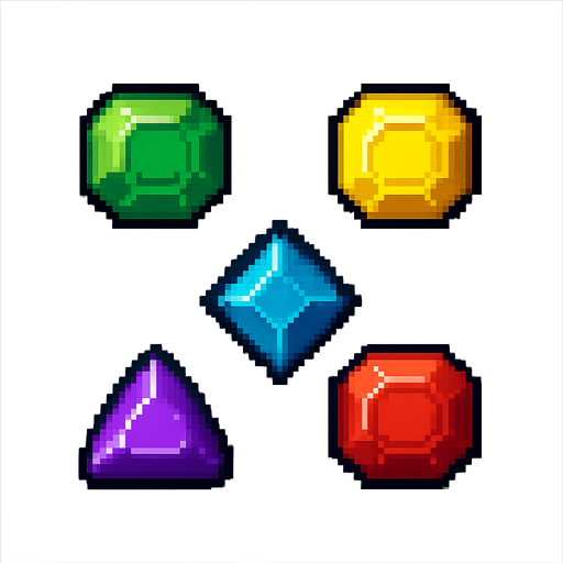 A spritesheet if same art style gems, pixel retro style, but with green, yellow, purple, blue, red colours..
In-Game asset.  2d.  High contrast.  No shadows