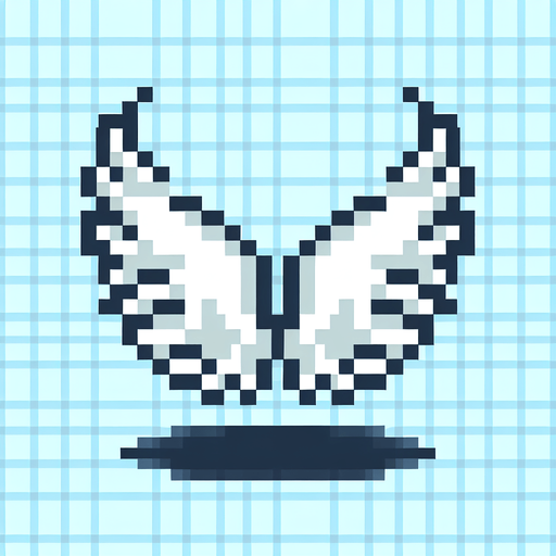 An icon of white wings. Pixel art..
Single Game Texture.  In-Game asset.  2d.  Blank background.  High contrast.  No shadows