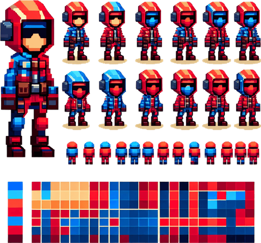MG hero red and blu.
Single Game Texture.  In-Game asset.  2d.  Blank background.  High contrast.  No shadows