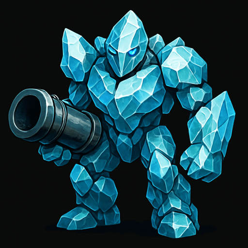 un golem de cristal muy realista con un cañon en la mano.
In-Game asset.  2d.  High contrast.  No shadows