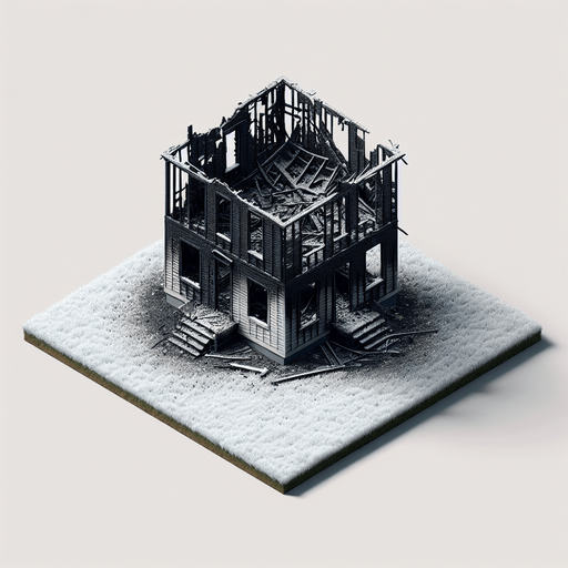 overhead view of charred remains of a completely burned down box house snowy lawn video game asset 2d blank background Single Game Texture. In-Game asset. 2d. Blank background. High contrast. No shadows.