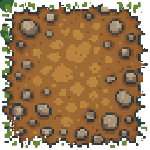 Top-down view of a single cartoon-style dirt and gravel path tile, seen from above, 2D game style, seamless and repeatable texture, hand-drawn or pixel-art style, natural colors, a mix of packed earth and scattered small stones, 32x32 sprite..
In-Game asset.  2d.  High contrast.  No shadows