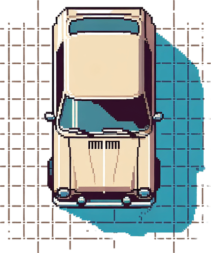 car from above, top view, from above, 8bit pixelart,.
Single Game Texture. In-Game asset. 2d. Blank background. High contrast. No shadows.