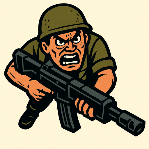 Yukardan bakış asker ve yüz ekle sinirli.
Elinde büyük bir silah var In-Game asset.  2d.  High contrast.  No shadows