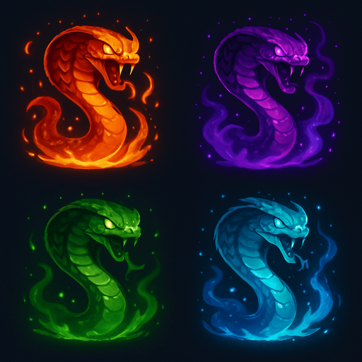 Serpent enemies assets with particles. HD colors. magical images.
In-Game asset.  2d.  High contrast.  No shadows
