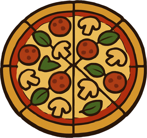 Pizza in professor Layton game style artwork.
In-Game asset.  2d.  High contrast.  No shadows