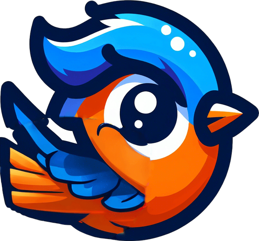 Blue wing flapped up on orange bird. Cartoon style. Dark blue outlines.
