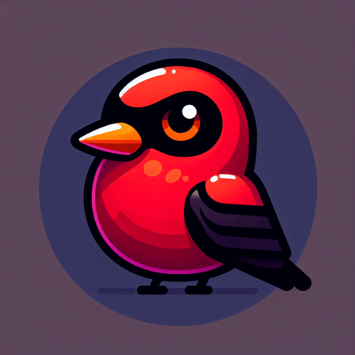 küçük kırmızı sağ tarafa doğru bakan siyah kaşlı turuncu gagalı bir kuş.
Single Game Texture. In-Game asset. 2d. Blank background. High contrast. No shadows.