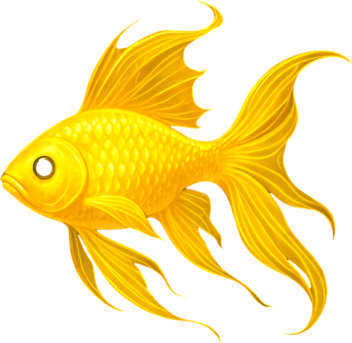 A conceptual design of a golden, yellow-colored fish with a unique, bioluminescent quality. Its body is a vibrant yellow-gold, and the scales appear to subtly glow, as if illuminated from within. Its fins are long and flowing, resembling flowing silk, giving the fish an ethereal quality. The fish's eyes are large and black, providing a stark contrast to its bright body. It's swimming in a dark, deep-blue water, creating a dramatic visual effect. The colors and the composition are rendered in a high-resolution image with a sharp focus, ensuring every detail of the fish's body and its bioluminescence is visible, creating a visually stunning and memorable artwork..
In-Game asset.  2d.  High contrast.  No shadows. fish