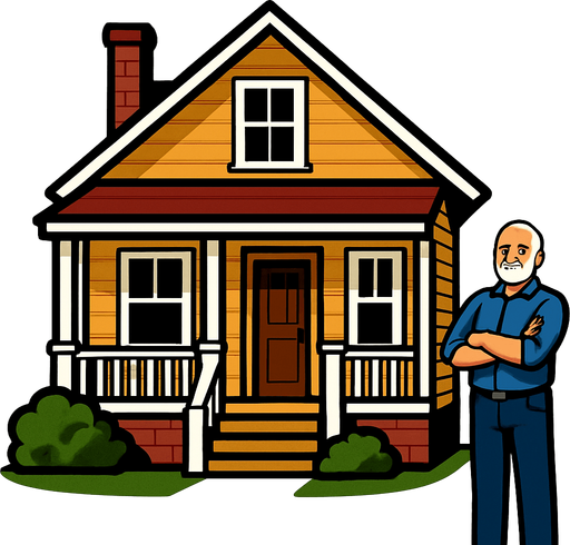 A realistic house with owner.
In-Game asset.  2d.  High contrast.  No shadows