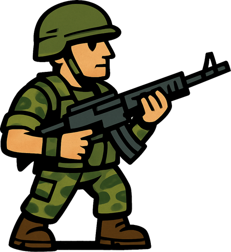 elinde silahı olan bir asker.
In-Game asset.  2d.  High contrast.  No shadows