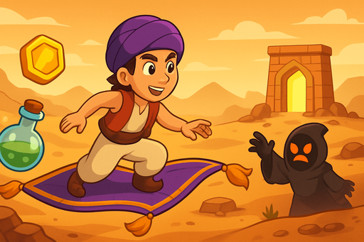 Fullscreen modern App Store landscape banner, 16:9, high definition, for a game titled "Sihirli Halı: Çöl Macerası" and with the description "Sihirli halı ile çöl manzarasında süzül, altın ve iksirleri topla, düşmanlardan kaç ve çıkış kapısına ulaş!". No text on banner!