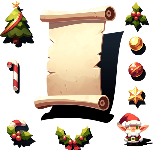 a simple elf christmas blank paper..
Single Game Texture. In-Game asset. 2d. Blank background. High contrast. No shadows.