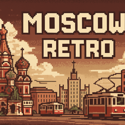 A horizontal banner with a wide aspect ratio and minimal height, designed for use as a website or app header. The style is retro pixel art, inspired by 1980s aesthetics. The scene showcases iconic elements of Moscow, such as Saint Basil's Cathedral, Soviet-era buildings, and vintage trams, all rendered in colorful pixel art. The color palette should include muted reds, browns, and creams to evoke nostalgia. Include the text “Moscow Retro” in bold, pixel-style font, seamlessly integrated into the scene. The design should be panoramic, with clear left-to-right flow and plenty of horizontal detail, while keeping vertical elements minimal to preserve the banner’s low height..
In-Game asset.  2d.  High contrast.  No shadows