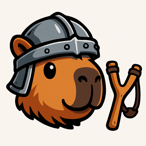 Una cabeza de un capibara en estilo cartoon. Debe tener un casco medieval. A su lado debe esatr un resortera. Quita el fondo..
In-Game asset.  2d.  High contrast.  No shadows