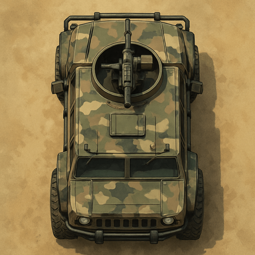 Armed off-road vehicle with camouflage livery. Top view.