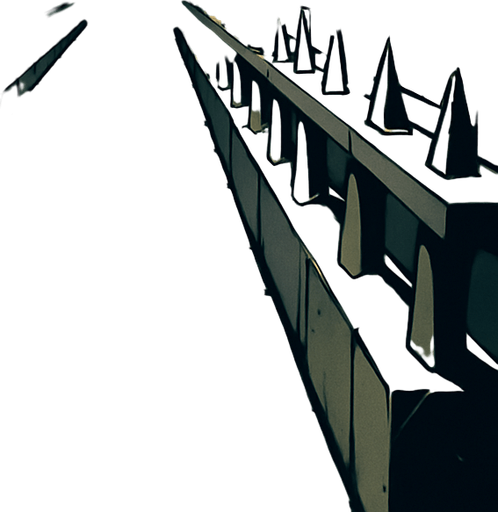 3D building from inside have tall road similar to saw movie rooms, floor going front of the screen, horror taller area have 2 walls on the sides with sharp metals protecting the way and horizontal bars on all of the 2 walls on the sides.
In-Game asset.  High contrast.  No shadows. 3D