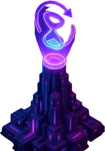 Top down isometric neon cyberpunk futuristic massive tower spire 3D slow down rewind symbol projection over top, time slowed symbol purples teal pink vaporwave glowing hologram over top hourglass glowing fully in frame not cutoff no background