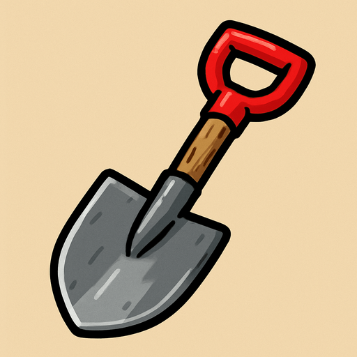 pequeña pala de acero, con mango de madera y un agarre de color rojo.
In-Game asset.  2d.  High contrast.  No shadows