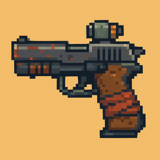Pistol post apocalyptic world pixel art less pixel.
In-Game asset.  2d.  High contrast.  No shadows