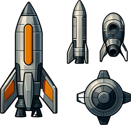 Create si-fi realistic rocket with  3D views. In-Game asset. 2d. High contrast. No shadows. In-Game asset. 2d. High contrast. No shadows.
In-Game asset.  2d.  High contrast.  No shadows
