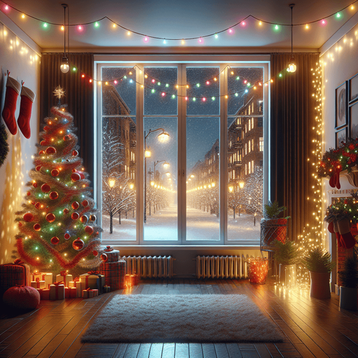Photorealistic Apartment inside at night with Christmas decorations and huge large window