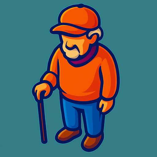 An old man with a cane and hat. Still facing straight forward with back facing straight down.