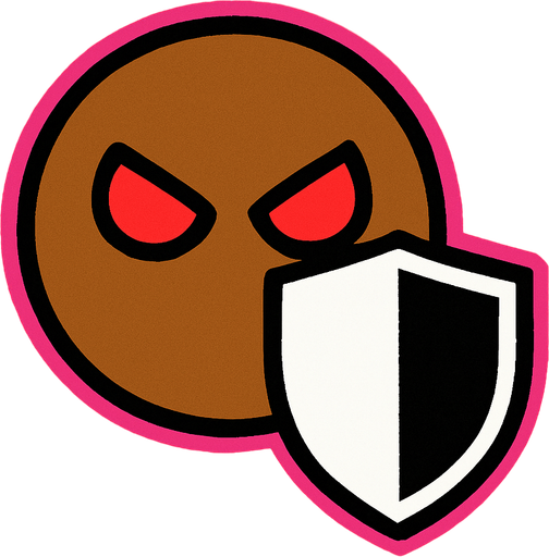 Brown simple circular enemy seen from above, pink outline. red eyes, with a single shield in-font of it. Black and white only. Blue background..
In-Game asset.  2d.  High contrast.  No shadows