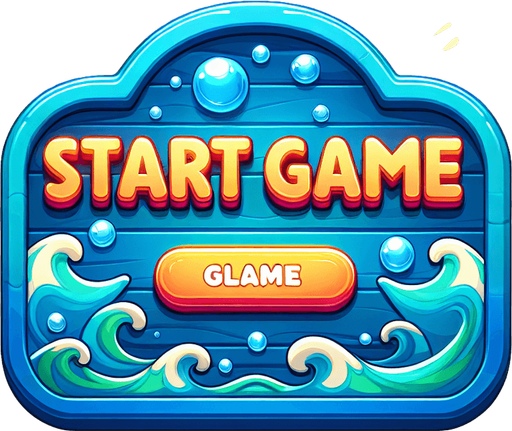Game start sign. cartoon, shiny, underwater theme. "START GAME".
Single Game Texture. In-Game asset. 2d. Blank background. High contrast. No shadows.
