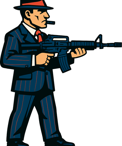 un mafioso italiano usando un m4 con la perspectiva lateral de cuerpo completo
In-Game asset.  2d.  High contrast.  No shadows