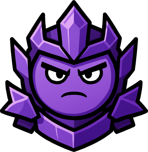 a purple circle with purple crystal armour and a sturn look on his face. only the head
In-Game asset.  2d.  High contrast.  No shadows