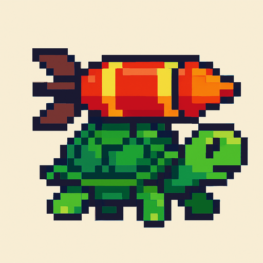 a turtle having a misile on her shell, pixelart.
In-Game asset.  2d.  High contrast.  No shadows