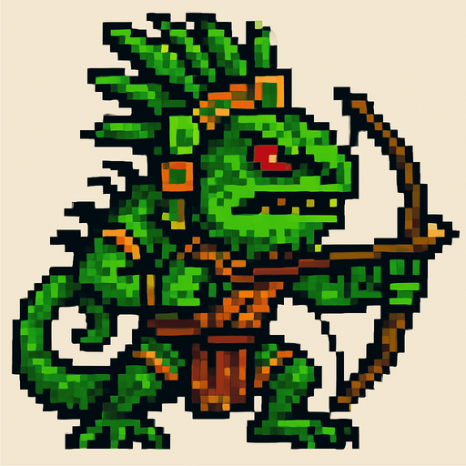 Genérame una Iguana Verde guerrero azteca con eso patrones, estilo pixelar, con una apariencia maligna, ojos rojos, rabioso. Unidad a distancia, con un arco o cerbatana. Animal.
In-Game asset.  2d.  High contrast.  No shadows