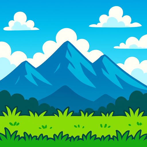 game background with grass at the bottom and sky and mountains at the back.
In-Game asset.  2d.  High contrast.  No shadows