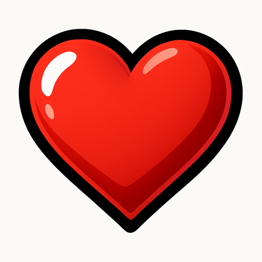 Red Heart, shiny, 3d, highly stylized, simple, black outline..
In-Game asset.  2d.  High contrast.  No shadows