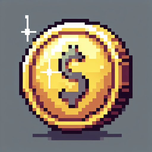 Coin piksel sanatı.
Single Game Texture.  In-Game asset.  2d.  Blank background.  High contrast.  No shadows