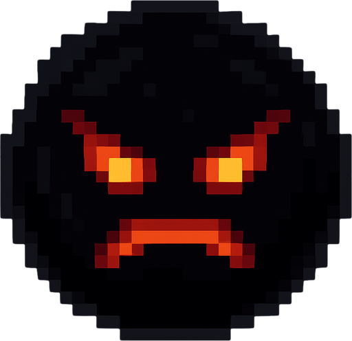 orbe oscuro de pixeles con cara enojada.
In-Game asset.  2d.  High contrast.  No shadows