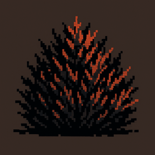 Un arbusto en estilo pixel art. Que tenga tonos principalemente negros con tonos rojizos.
In-Game asset.  2d.  High contrast.  No shadows